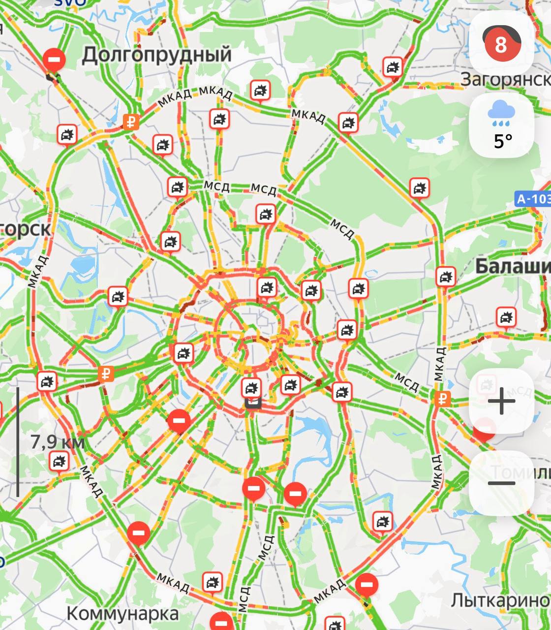 Пробки в Москве достигли 8 баллов Подпишись на Москвик