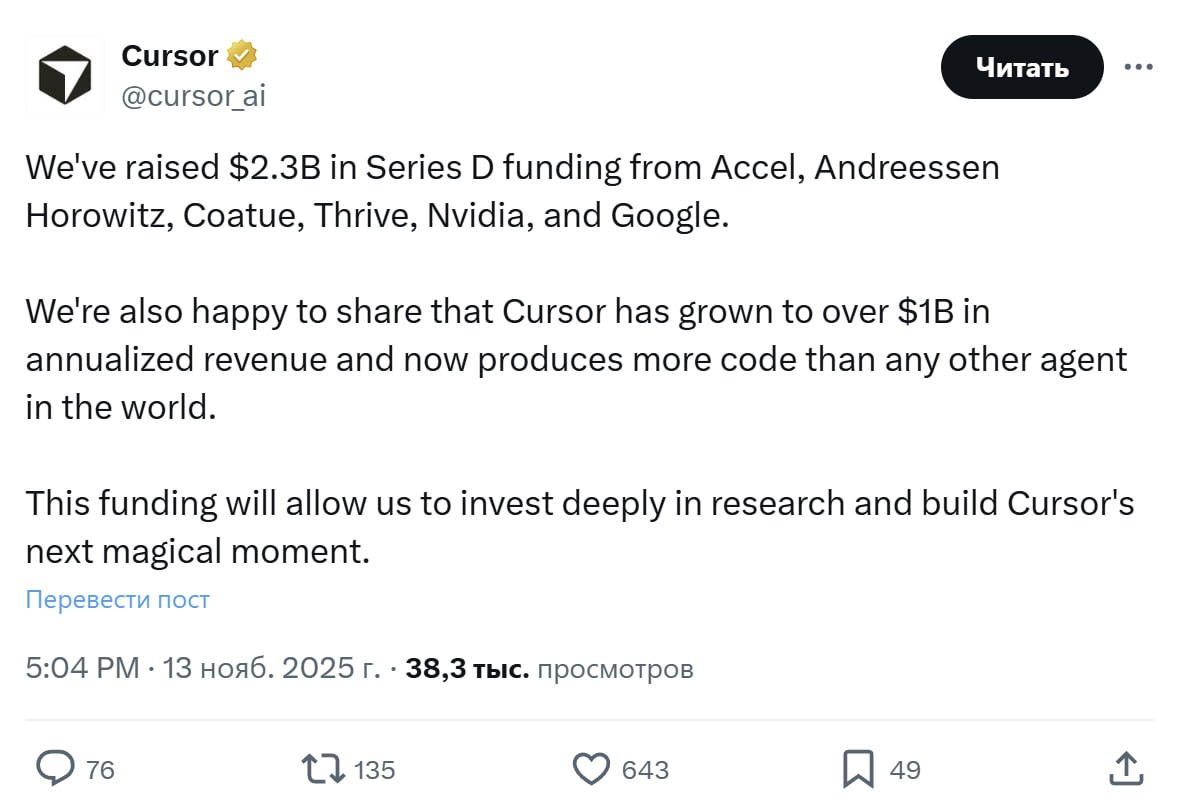 Cursor привлек 2 3 млрд инвестиций по оценке в 29 3 млрд почти в три раза выше оценки прошлого этапа Помимо уже вложившихся в стартап венчурных фондов к раунду присоединились Nvidia и Google Годовая выручка разработчика самой популярной ИИ IDE превысила 1 млрд