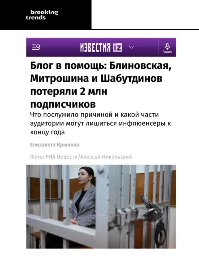 Александра Митрошина, Аяз Шабутдинов, Дмитрий Портнягин, Надин Серовски, Инна Тлиашинова и Елена Блиновская потеряли за последний год до 2 млн подписчиков, сообщают Известия. Доходы некоторых инфо-блогеров сократились на 500 млн за последний год. Так что часть «бизнесменов» в запрещенной соцсети испытывают трудности с продажей своих курсов, так как люди стали меньше доверять инфо-бизнесменам. Breaking Trends