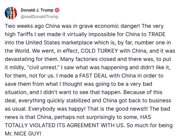 Трамп в Truth Social: Китай полностью нарушил наше торговое соглашение. Так что хватит играть в доброго парня! Читать далее