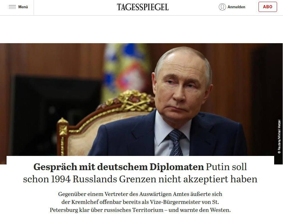 ‘Путин думал о возвращении Крыма и Восточной Украины еще в 1994 году’ – tagesspiegel  ‘Появились доказательства того, что Путин более 30 лет назад дал понять Германии, что не признаёт границ Украины. Об этом сообщает издание Spiegel со ссылкой на записку, якобы найденную в архивах МИД Германии. Согласно докладу, тогдашний генеральный консул в Санкт-Петербурге якобы отметил, что 14 января 1994 года Путин ‘настойчиво’ повторил то, что уже говорил ему: ‘Крым, Восточная Украина и Северный Казахстан — по крайней мере, эти территории — никогда не были чуждыми России, а всегда были её частью. Ни одному россиянину не следует давать понять, что теперь это чуждо им’   Новости №1 в Ростове  Прислать новость/фото