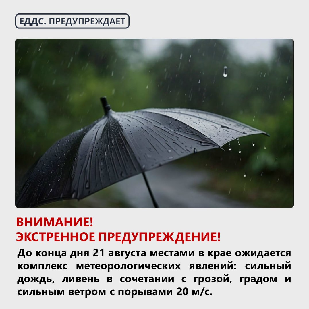 Внимание Экстренное предупреждение До конца дня 21 августа в Краснодарском крае ожидается комплекс метеорологических явлений сильный дождь ливень в сочетании с грозой градом и сильным ветром с порывами 20 м с В случае возникновения чрезвычайных ситуаций звонить по телефону 214 33 36 и по Единому номеру вызова экстренных служб 112 набор по городскому и мобильному телефонам eddskrd23