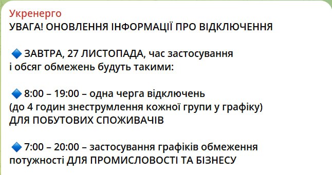 Свет завтра будут отключать у бытовых потребителей с 8 утра до 19:00, а не с 7 утра до 20:00, как сообщалось раньше.  Об этом пишет Укрэнерго.  С 7:00 до 20:00 будут отключать только промпотребителей.  Сайт "Страна"   X/Twitter   Прислать новость/фото/видео   Реклама на канале   Помощь