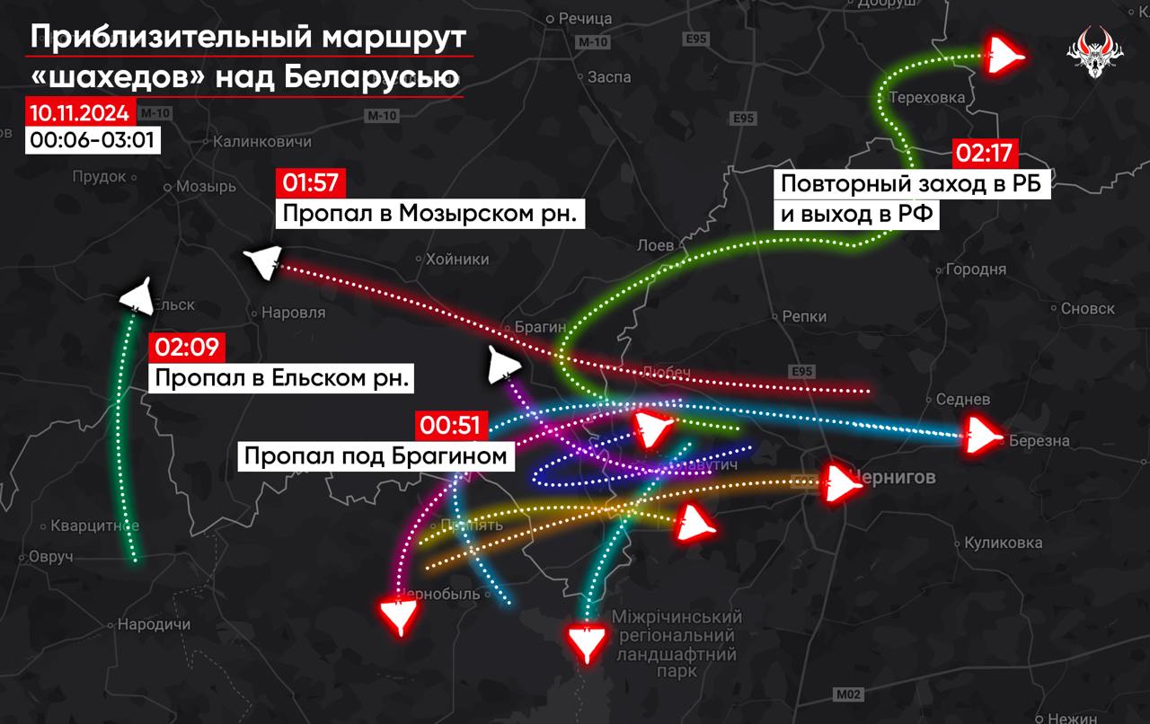 10 залетели — трое пропали  Беларускі Гаюн сообщает, что три российских шахеда пропали над Гомельской областью сегодня ночью  Предположительно это произошло над Брагинским, Мозырским и Ельским районами.  Еще как минимум семь пролетали транзитом. При этом один из БпЛА улетел обратно в РФ через Гомельский район.