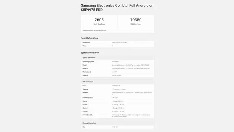 Exynos 2700 всплыл в Geekbench слишком рано Будущий флагманский чип Samsung засветился в базе тестов задолго до релиза и пока это выглядит не как намёк на готовый рывок а как очень ранняя проверка нового дизайна В базе Geekbench появился инженерный образец Samsung с номером S5E9975 ERD который связывают с будущим Exynos 2700 Чип получил необычную 10 ядерную схему с четырьмя кластерами вместо более привычной компоновки В этом тесте он набрал 2603 балла в однопоточном режиме и 10 350 в многопоточном Отдельно раньше уже всплывал и OpenCL тест с графикой Xclipse 970 где результат составил 15 618 баллов Внутри тестового устройства указаны Android 17 и около 12 ГБ памяти что хорошо укладывается в статус ранней инженерной платформы Но сами частоты пока очень скромные для такого ранга чипа так что делать выводы о реальной силе Exynos 2700 ещё рано Это уже выглядит многообещающе Жмите обсудим Наши каналы Sаmsung Тeлeфoны