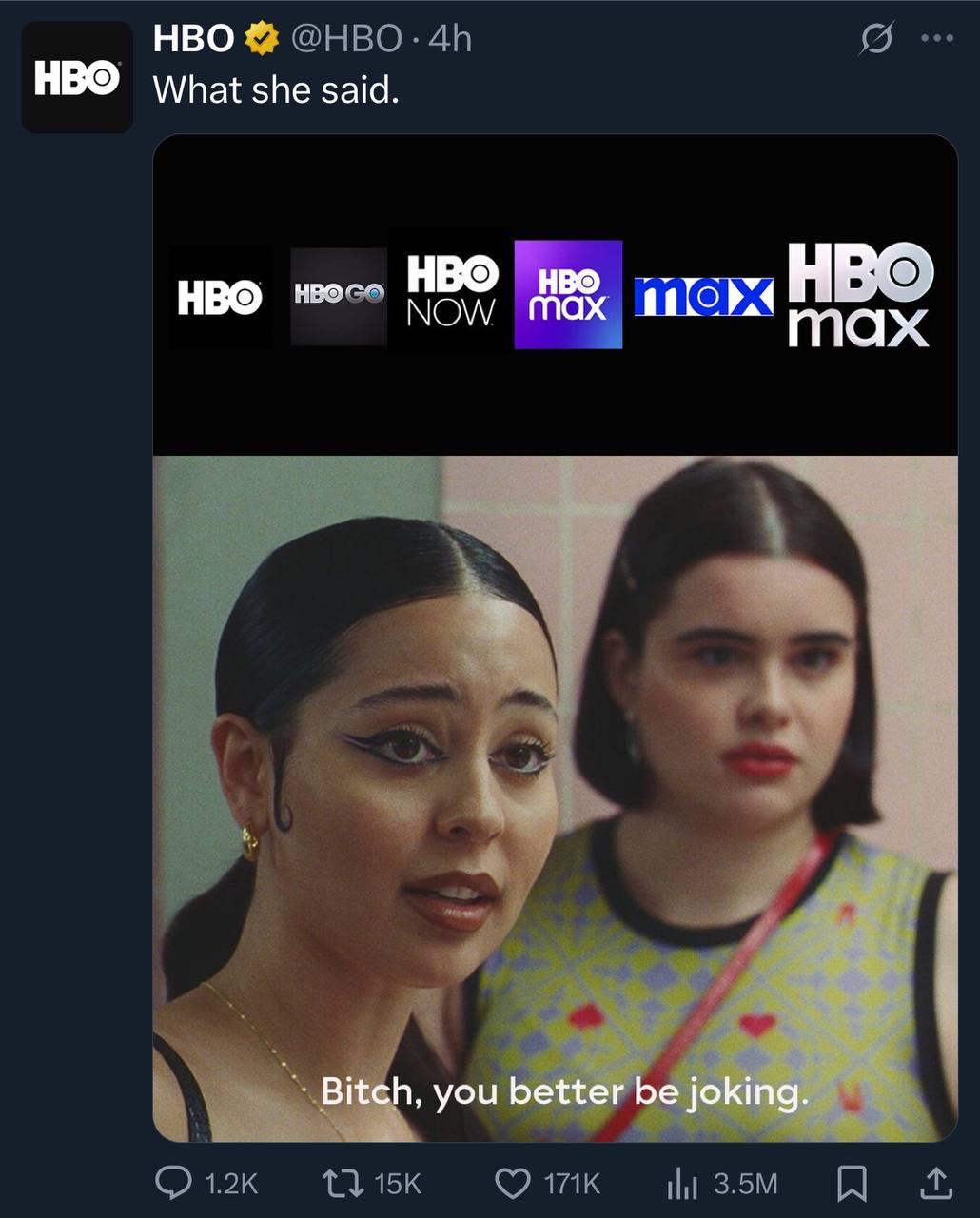 HBO объявил об очередном переименовании своего стриминга HBO Max → Max → HBO Max с помощью мема из «Эйфории». Твит за пару часов набрал 170 тысяч лайков. Пиарщики, которые две недели согласовывали официальный пресс-релиз: