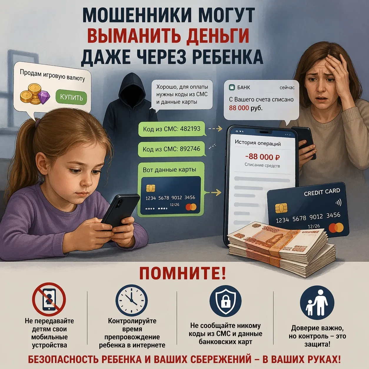 В Энгельсе 8 летняя девочка перевела мошенникам 88 тысяч рублей с карты матери Инцидент произошел в Энгельсе 8 летняя девочка взяла у матери телефон сказала что хочет поиграть Родительница разрешила Девочка запустила популярную игру Поле чего в мессенджере ей написал неизвестный с которым она договорилась о покупке игровой валюты Чтобы оплатить покупку ребенок отправил мошенникам коды из СМС и фото банковской карты В итоге со счета матери девочки списали около 88 тысяч рублей Большая часть денег была с кредитной карты Чуть позднее женщина заметила пропажу и обратилась в полицию Возбуждено уголовное дело по статье Мошенничество Помните мошенники часто выходят на детей через игры и соцсети Они умеют говорить так что ребенок им доверяет Будьте внимательны Фото сгенерировано с помощью ИИ Мы в MAX Мы в TG Прислать новость
