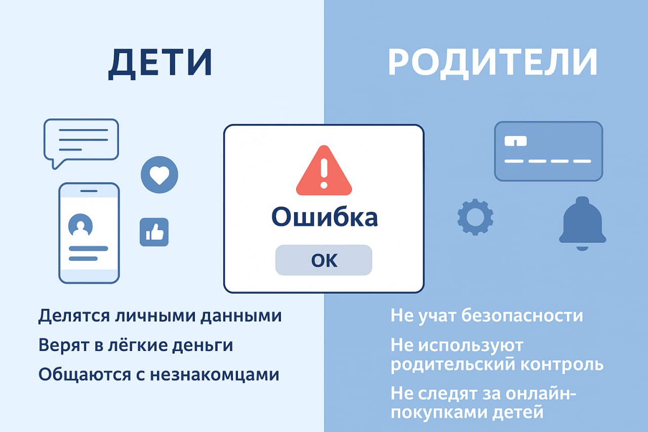 Самые частые ошибки детей и их родителей облегчающие работу кибермошнников Дети Делятся личными данными не осознавая что аккаунт в социальной сети это не просто информация а ключ к их личности Верят в лёгкие деньги выигрыши бонусы донаты за репост Так дети попадают в ловушки фейковых розыгрышей и игровых схем Общаются с незнакомцами думая что в интернете все свои Именно под видом новых друзей часто скрываются мошенники или вербовщики Скрывают свои аккаунты и публикуемый контент от родителей Боятся рассказать родителям о проблемах и затруднениях в сети Родители Не учат цифровой гигиене считая что ребёнок и так всё знает На деле дети умеют пользоваться гаджетами но не умеют защищать себя Не устанавливают инструменты родительского контроля хотя даже базовые фильтры блокируют до 70 подозрительных ссылок Пренебрегают безопасностью платежных средств не ограничивают физический доступ к картам сохраняют данные для доступа к приложениям не ограничивают лимиты для детских карт Не следят за онлайн покупками ребёнка а между тем мошенники часто используют игровые платформы и маркетплейсы для мелких но регулярных хищений Ругают детей за ошибки вместо разъяснения способов защиты Подписаться на Киберполицию России Max I ВK I ОK Чат бот Киберполиции России Поддержать канал