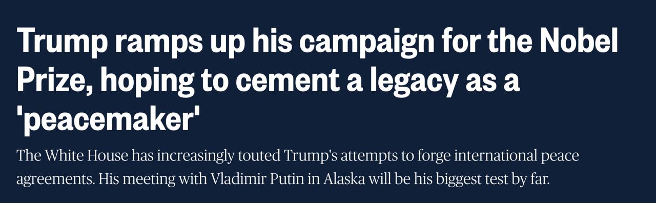 Трамп хочет получить Нобелевскую премию мира и считает, что заслуживает ее, но сомневается, что получит, сообщает NBC News со ссылкой на источники.  «Он отметил, что премия достанется не самому Дональду Трампу, а тому, кто напишет книгу о том, как он мыслит»,  - заявил представитель Белого дома.  Окружение Трампа стало постоянно поднимать эту тему, напоминая о череде войн по всему миру, которые закончились при Трампе, а Белый дом официально выдвинул его кандидатуру.  Также Трамп уже обсуждал премию с властями Норвегии, где находится Нобелевский центр мира, хотя премию присуждает исключительно комитет, а не политики. А также с генсеком НАТО Рютте.  Помощник Трампа считает, что Обама в свое время получил премию «ни за что». Обама сам говорил тогда, что его достижения были «незначительными» по сравнению с другими лауреатами.  NBC считает, что у Трампа "есть шанс" получить премию - в случае мирного урегулирования войны в Украине, чего не удалось сделать ни Обаме, ни Байдену.