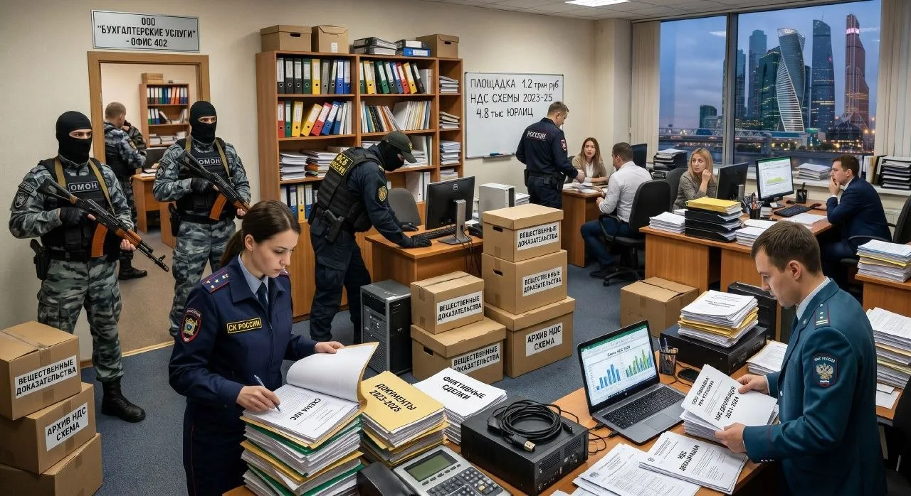ФСБ и ФНС раскрыли крупнейшую площадку бумажного НДС с помощью сети из 4800 фирм почти 40 тыс компаний получили фиктивные вычеты на сумму более 1 2 трлн сообщает РБК В настоящее время идут обыски и выемки документов в офисах бухгалтерских и консалтинговых компаний в удостоверяющих центрах и по домашним адресам организаторов преступной группы сказал РБК источник близкий к правоохранительным органам и подтвердил собеседник близкий к налоговой службе