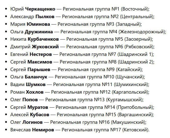 Курганская ЕР утвердила лидеров списка по всем территориальным группам на выборы в облдуму. Полный список из 17 фамилий — на скрине. Выборы в региональный парламент пройдут 13–14 сентября. Всего в облдуму предстоит избрать 34 депутата — 17 по спискам и 17 по одномандатным округам. Источники «ПиГ» отмечали, что по спискам «Единая Россия» рискует не взять мандаты в пяти-шести округах, относящихся к городу. Это территории: №1, №2, №3, №4, №5 и №6. Главный политический канал Урала