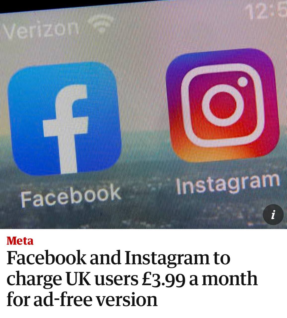 В Британии Meta запускает подписку на Instagram и Facebook без рекламы 3 99 450 в месяц с телефона и 2 99 350 с веба В соцсетях Цукерберга уже называют наглым коммерсом сначала завалил ленту рекламой а теперь заставляет платить за то чтобы её выключить Подписывайся на PRO Бизнес YouFast VPN AML бот Шерлок