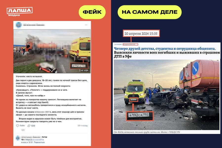 В Сети распространяется «новость» о ДТП с погибшими в Иваново. Пишут, якобы последние минуты жизни четырех молодых людей попали на видео и эти кадры можно посмотреть по специальной ссылке.     Ссылка на видео — пример кликбейта. Задача поста с описанием ДТП — заставить пользователя пройти по ссылке и подписаться на закрытый канал.   Абсолютно одинаковые посты с описанием «аварии» распространились в пабликах разных городов России — Иваново, Ростова-на-Дону, Улан-Удэ, Новосокольников. В МВД России «Новосокольническом» даже опубликовали опровержение информации о ДТП.  Реальная авария произошла год назад в Уфе, когда ВАЗ-2115 столкнулся с бензовозом.    Подпишитесь на «Лапша Медиа»