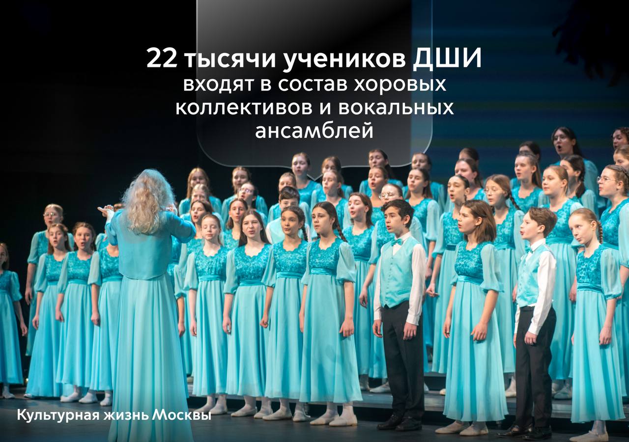 22 тысячи учеников ДШИ входят в состав хоровых коллективов и вокальных ансамблей Это 580 академических народных хоровых коллективов и вокальных ансамблей которые не только активно выступают на различных мероприятиях но и организуют собственные гастроли Так летом Хор мальчиков и юношей Cantus ДМШ имени Йозефа Гайдна проехал около 3 тыс км на поезде автобусе и корабле посетил 9 городов и 3 острова провёл 17 концертов Гастрольный тур был организован по духовным центрам историко культурного паломнического и экологического маршрута Великий Русский Северный Путь для объединения светской и духовной музыки а целью тура стало возрождение традиции академического пения мальчиков и юношей от 7 до 26 лет А хор Весна детской музыкально хоровой школы имени А С Пономарева в июне побывал на гастролях в Минске Публике представили программу Шедевры хоровой музыки в которую вошли как духовные так и авторские сочинения российских и зарубежных композиторов Музыкальные коллективы регулярно участвуют в конкурсах и получают награды Например хор Вдохновение ДМХШ 106 в марте 2025 года выиграл Гран при Международного конкурса Открытые страницы Ярославль В программу выступления вошли сочинения современных композиторов Самые важные новости Москвы в канале Мэра Москвы Сергея Собянина в MAX