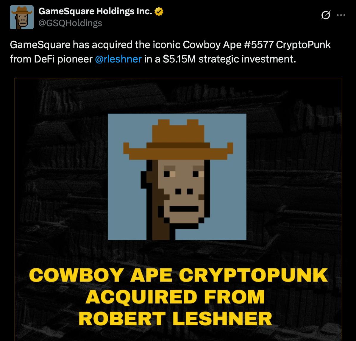 Игровая компания Game Square купила NFT CryptoPunk №5577 за $5,15 млн.  Приобретён аватар Cowboy Ape из самой первой коллекции, выпущенной ещё в 2017-м. Всего таких обезьянок 10 000. Game Square утверждают, что покупка была сделана как инвестиция.  NFT всё ещё живы что ли?    PRO Крипту & Инвест  --------------------------------- YouFast VPN™   AML бот   Шерлок