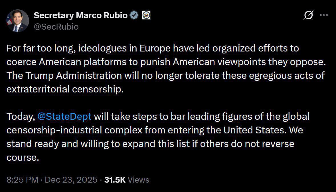 Павел Дуров заявил о том что французская полиция производит обыски в офисах соцсети Х В настоящее время французская полиция проводит обыски в офисе X в Париже Франция единственная страна в мире которая осуществляет уголовное преследование всех социальных сетей предоставляющих людям некоторую степень свободы Telegram X TikTok Не заблуждайтесь это несвободная страна написал Дуров В странах ЕС законодательство все больше и больше ограничивает американские социальные сети и СМИ что стало причиной заявления госсекретаря США Марко Рубио о возможных санкция к ряду стран ЕС Слишком долго идеологи в Европе предпринимали организованные усилия по принуждению американских платформ к наказанию за взгляды американцев с которыми они не согласны Администрация Трампа больше не будет мириться с этими вопиющими актами экстерриториальной цензуры Сегодня Государственный департамент предпримет шаги чтобы запретить въезд в Соединенные Штаты ведущим фигурам глобального цензурно промышленного комплекса Мы готовы расширить этот список если другие не изменят курс недавно заявил Рубио