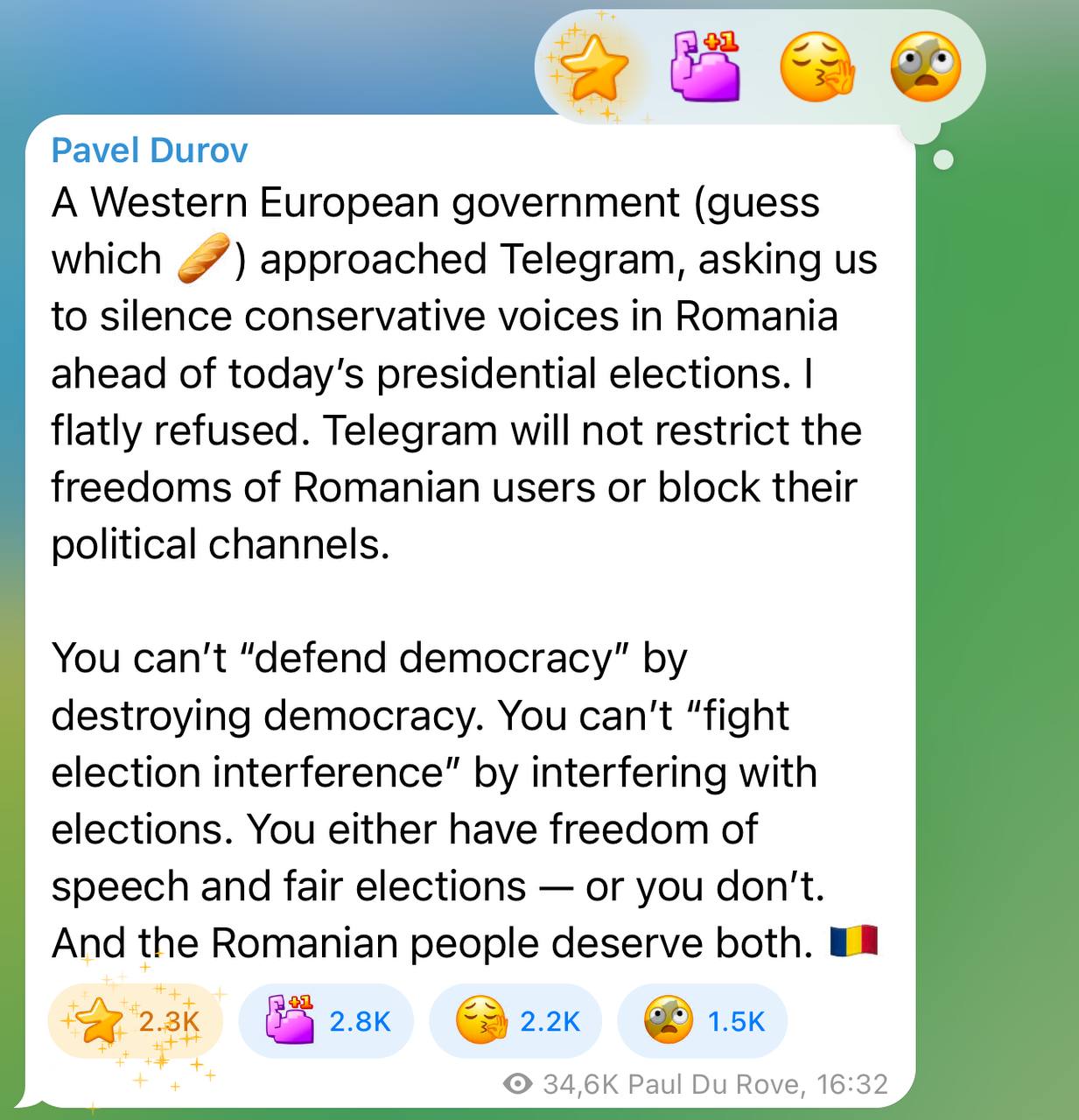 Французские чиновники пытались надавить на Telegram перед выборами в Румынии Павел Дуров заявил, что любители багета потребовали от Telegram ограничить консервативные каналы в Румынии накануне президентских выборов. Ответ был однозначным — отказ. «Нельзя защищать демократию, уничтожая её. Нельзя бороться с вмешательством, вмешиваясь самим. У вас либо есть свобода слова и честные выборы — либо их нет. А румынский народ достоин и первого, и второго», — подчеркнул Дуров. Похоже во Францию Дуров больше ни ногой.
