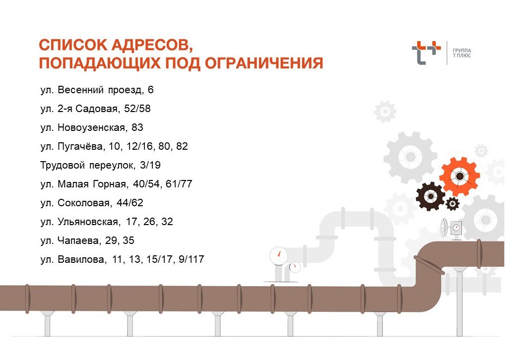 Более 20 домов Саратова на майские праздники останутся без горячей воды Завтра, 1 мая, компания "Т Плюс" будет проводить ремонтные работы: - на теплосети на улице Валовая. Плановый срок завершения ремонта – до конца дня 2 мая; - на теплосетях на Весеннем проезде, улице Чапаева, улице Вавилова и от Центральной теплосети на улице Соколовая, 44/62. Плановый срок завершения ремонта – до конца дня 4 мая. В связи с этим будет временно ограничена подача горячей воды в ряд домов. Адреса - в карточках Прислать новость