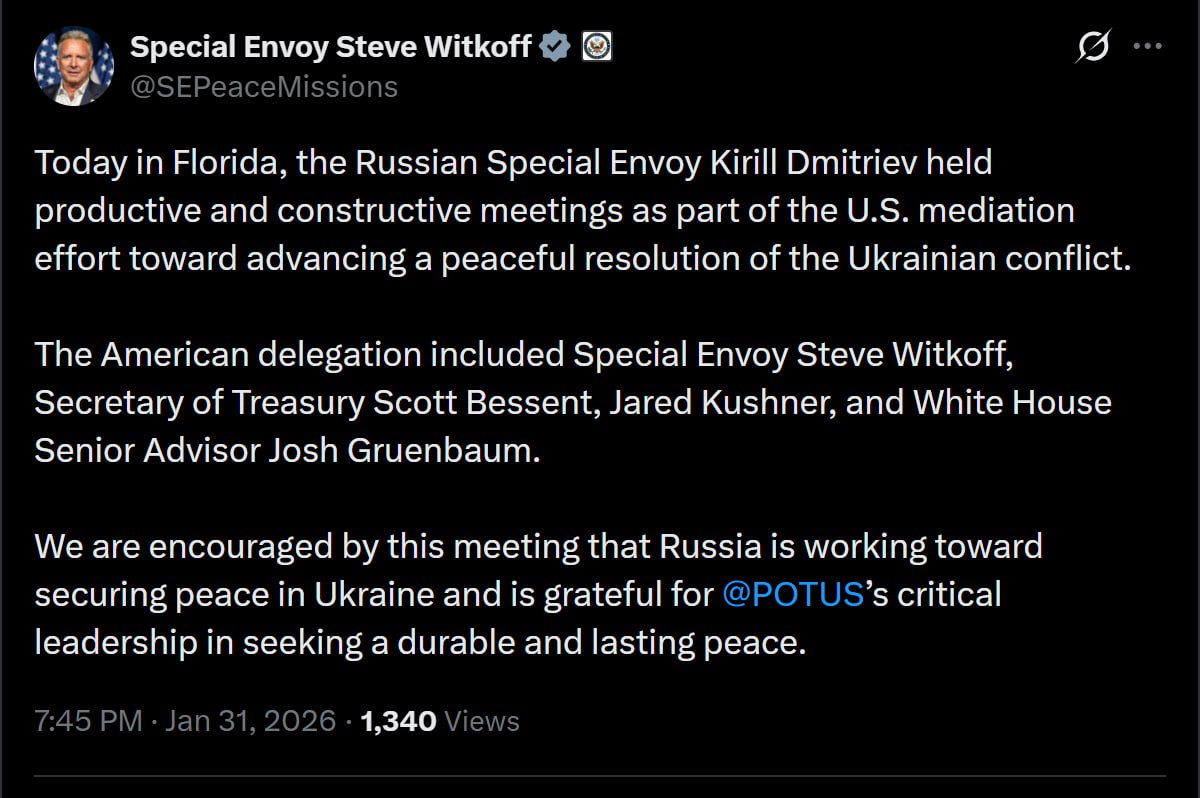 Специальный посланник президента США Стивен Уиткофф Сегодня во Флориде специальный представитель России Кирилл Дмитриев провел продуктивные и конструктивные встречи в рамках посреднических усилий США направленных на продвижение мирного урегулирования украинского конфликта В состав американской делегации вошли специальный представитель Стив Уиткофф министр финансов Скотт Бессент Джаред Кушнер и старший советник Белого дома Джош Грюнбаум Мы воодушевлены этой встречей которая свидетельствует о стремлении России к обеспечению мира в Украине и благодарны президенту США за его решающую роль в поиске прочного и долгосрочного мира Читай в Max Читай в Telegram Смотри на RUTUBE