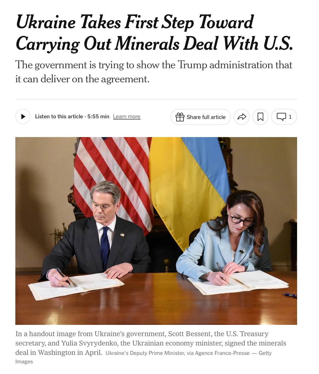 Украина сделала первый шаг по реализации минеральной сделки с США Киев начал подготовку к тендеру на освоение месторождения Добра в Кировоградской области — крупнейшего литиевого месторождения в стране, сообщает The New York Times. Это первый конкретный шаг в рамках соглашения с США, по которому 50% прибыли от добычи стратегических полезных ископаемых будут направляться в совместный американо-украинский фонд. Среди потенциальных участников — консорциум с участием TechMet частично финансируется правительством США , а также структура, связанная с миллиардером Рональдом Лаудером, близким к Дональду Трампу. Осташко! Важное подпишись