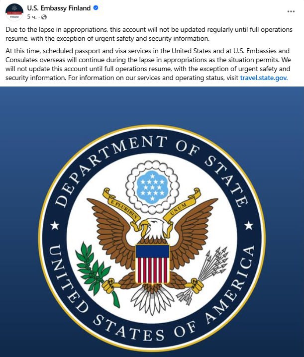Одно за другим посольства США в разных странах объявили что не будут обновлять страницы в Facebook из за шатдауна В их числе посольства в Молдавии Индии Сингапуре и Финляндии Во вьетнамском ведомстве пояснили что паспорта и визы будут выдавать по мере возможностей Ранее американское правительство приостановило работу из за непринятия бюджета конгрессом Запрещён в РФ Подписаться на RT ТГ Зеркало MAX
