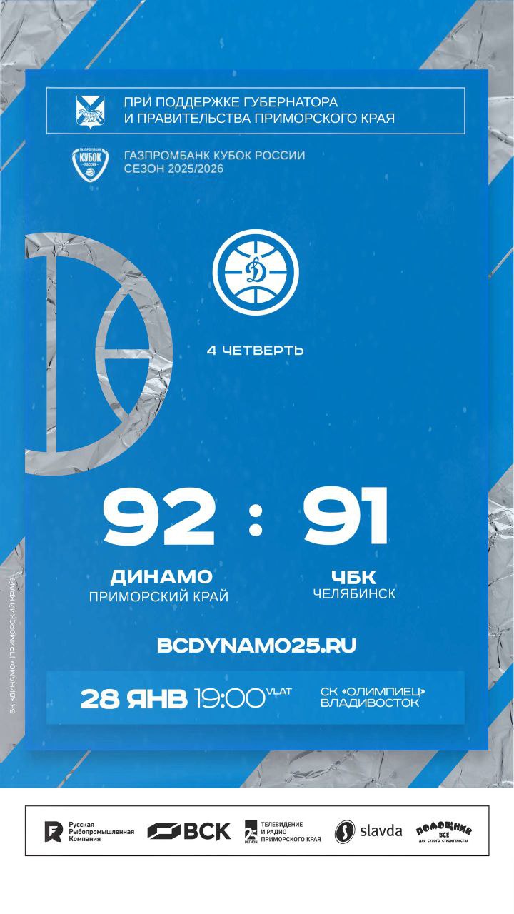 Несколько минут назад в Олимпийце завершилась встреча баскетбольных клубов Динамо Приморье и ЧБК Челябинск Итог 92 91 победа динамовцев Впервые в истории наши спортсмены преодолели четвертьфинальную стадию Кубка России и вышли в полуфинал Поздравляем приморских баскетболистов Так держать dynamo25prim Спорт Читайте наши новости в МАХ