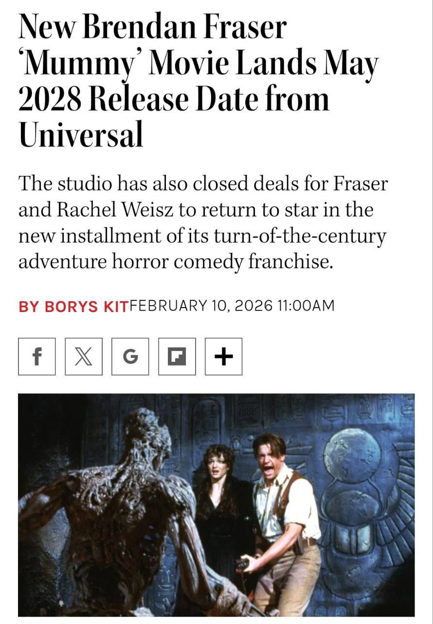 Мумия 4 выйдет премьера состоится 19 мая 2028 года Брендан Фрейзер и Рэйчел Вайс подтвердили камбек bankser