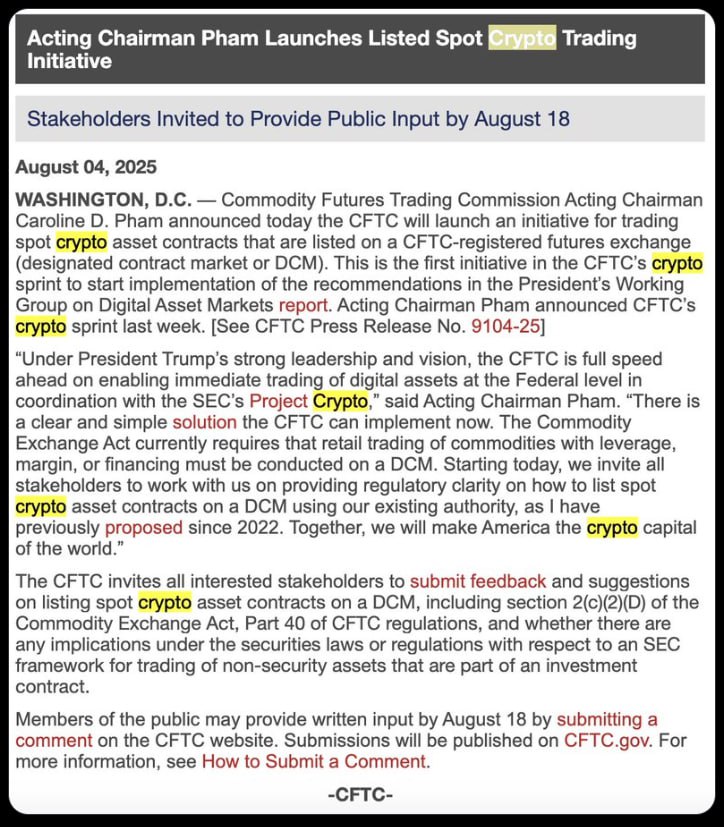 CFTC «запустит инициативу по торговле спотовыми контрактами на криптоактивы» Кто нибудь ебаните перевод текста с картинки
