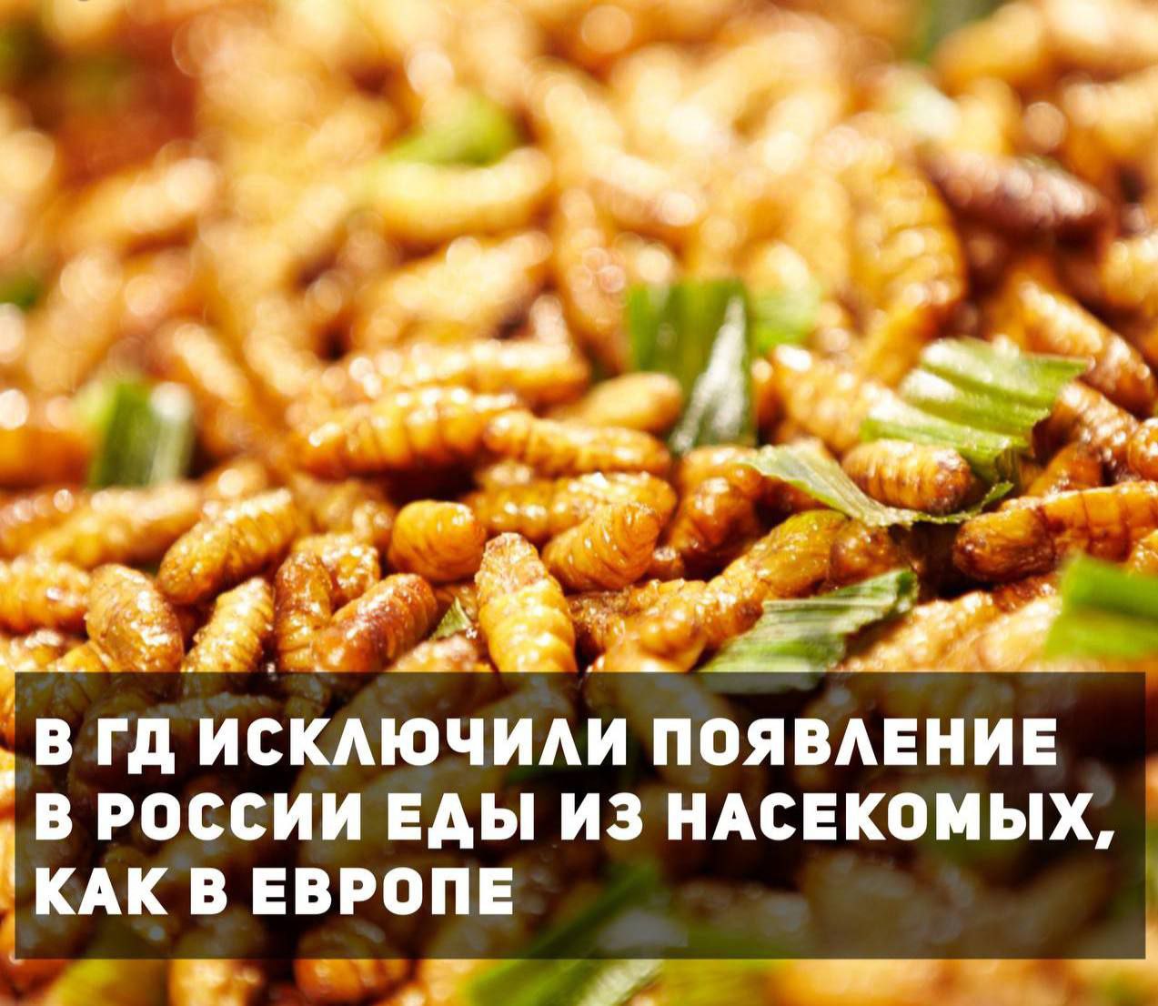 В Госдуме исключили появление в России еды из насекомых как в Европе Продукты питания из насекомых в России делать и предлагать людям не будут это допустимо только в качестве кормов для животных и рыб Такое мнение выразила зампред комитета Госдумы по аграрным вопросам Юлия Оглоблина По ее словам в России это неприемлемо и не будет никогда приемлемо несмотря ни на какие исследования о возможности такого альтернативного источника белка gurnalisty rossii Мы в MAX Апшеронский рабочий