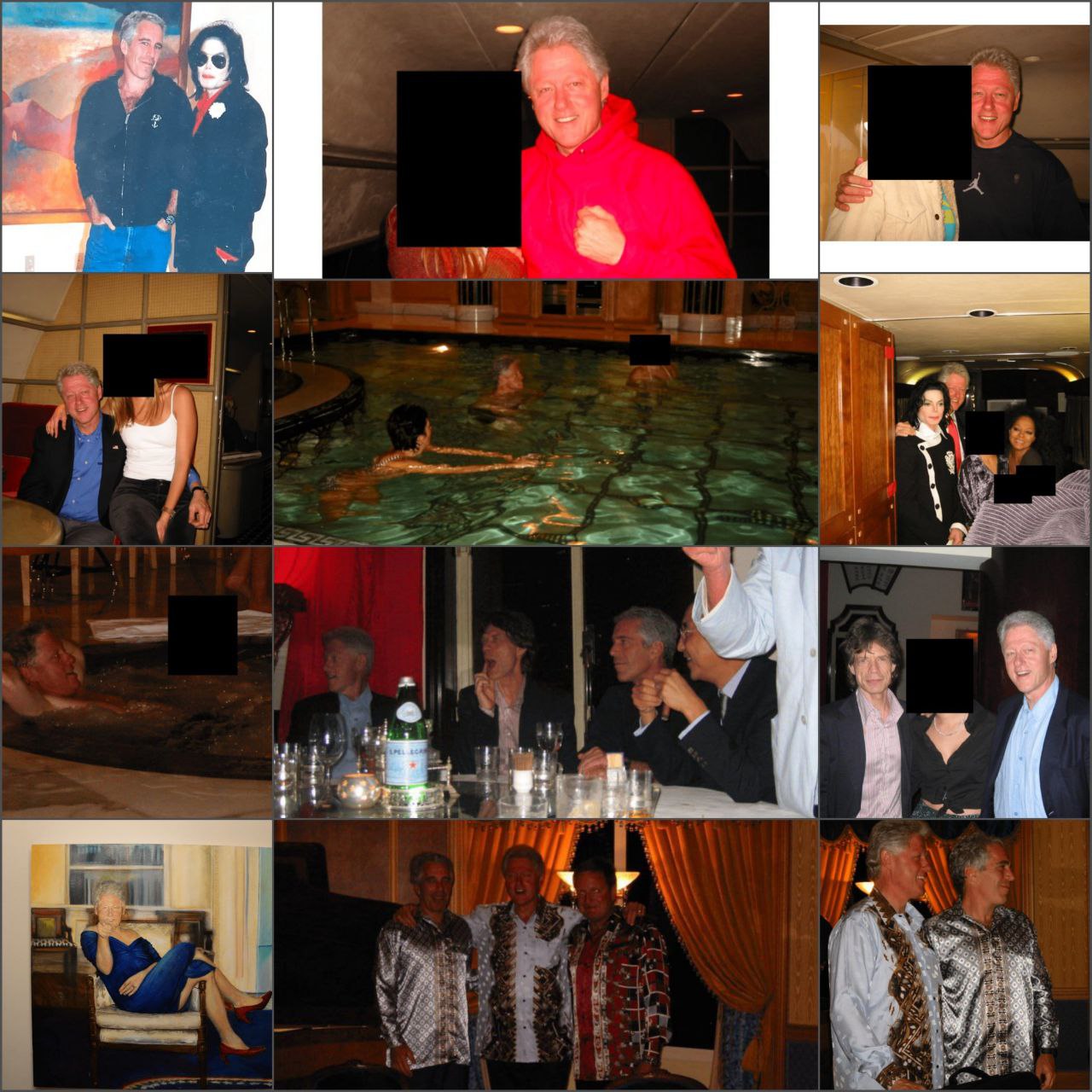 Фото экс президента США Билла Клинтона обнимающегося с девушками опубликованы по делу скандального финансиста Эпштейна Изучив материалы американского минюста Клинтон позирует с девушками чьи лица скрыты при публикации Есть фото и в джакузи На фото с Клинтоном попали и музыканты Майкл Джексон Мик Джаггер актриса Дайана Росс Сам Эпштейн в комнате видеонаблюдения держал портрет Клинтона в платье Левински