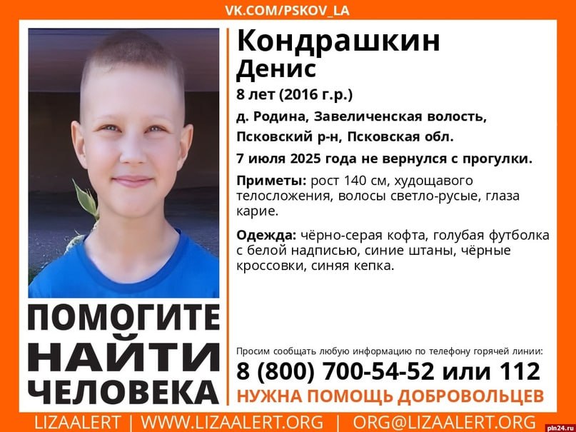8-летний мальчик в синей кепке пропал в псковской деревне Родина Приметы: рост 140 сантиметров, худощавое телосложение, светло-русые волосы, карие глаза. Одет был в черно-серую кофту, голубую футболку с белой надписью, синие штаны, черные кроссовки и синюю кепку. Информацию, которая поможет найти пропавшего, можно сообщить по телефонам: 8-800-700-54-52, 8-921-219-69-26 или 112.
