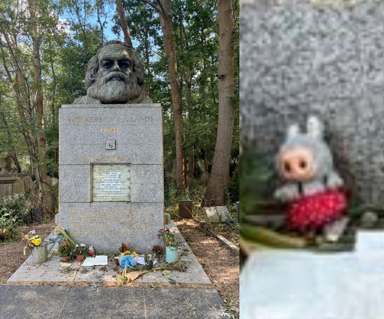 На могилу Карла Маркса положили ЛАБУБУ — фото сделано в Лондоне.  На памятнике борца с капитализмом теперь красуется символ роскоши и потребления.   Капитализм официально победил.    Техно