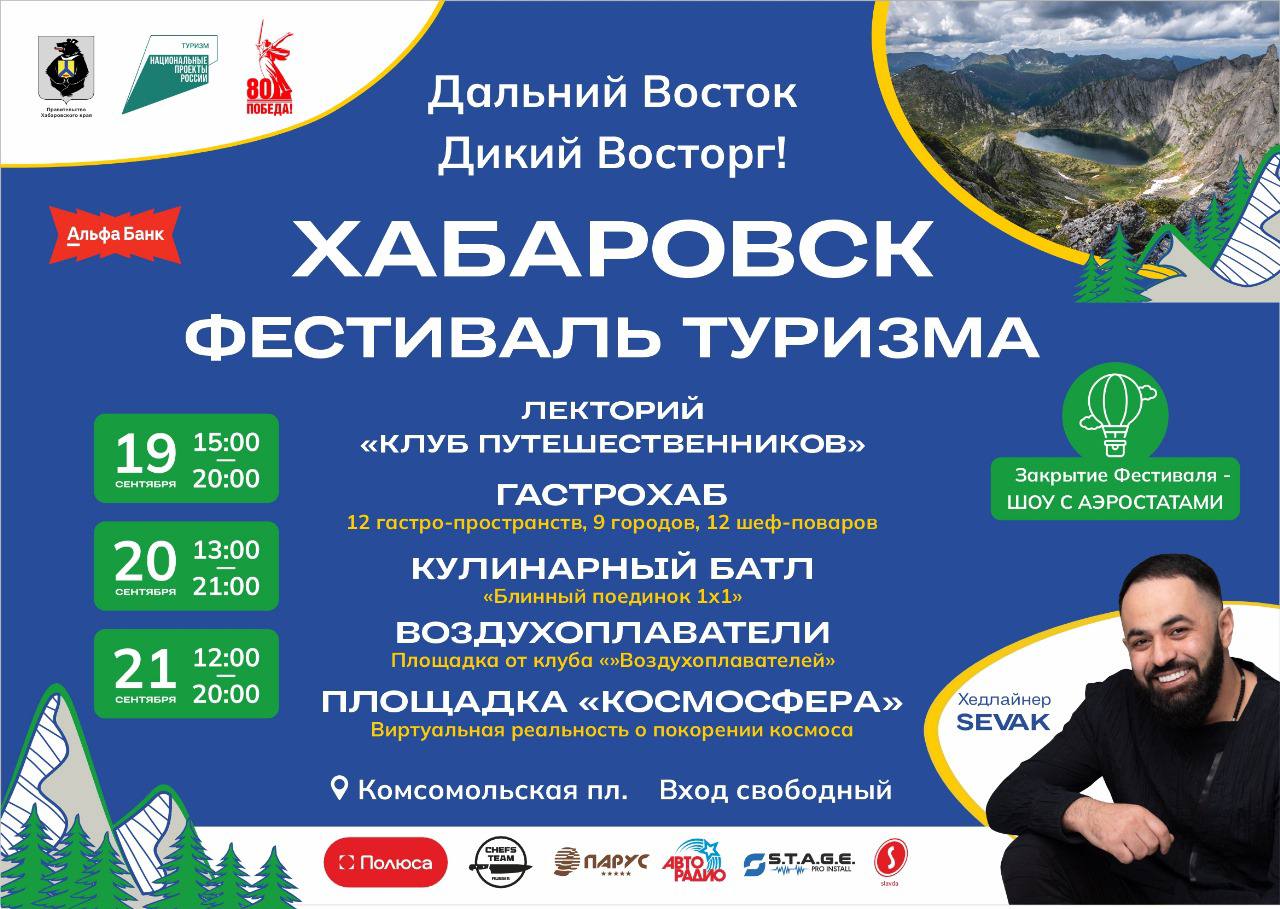 Дальний Восток Дикий Восторг В Хабаровске стартует фестиваль туризма 19 сентября на Комсомольской площади стартует масштабный туристический форум который объединит всех любителей путешествий До 21 сентября жители и гости города получат возможность полностью погрузиться в мир дальневосточного гостеприимства Ознакомиться с программой можно на сайте Начальник отдела медиасопровождения Туристкого информационного центра Хабаровского края Ксения Кузнецова и тревел блогеры Тимур Юсупов и Константин Парфеньев в эфире телеканала Хабаровск рассказали о том зачем приехали блогеры на Фестиваль почему всем стоит посетить Фестиваль туризма какие деликатесы приготовят для посетителей повара из разных уголков страны что будет в павильоне Всероссийского конкурса Дальний Восток Земля приключений и многое другое Земля приключений