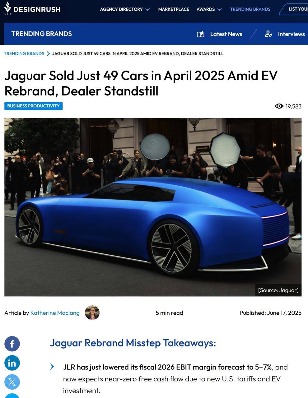 Продажи Jaguar рухнули почти на 98% после провального ребрендинга в прошлом году: в 2025 году в Европе продается всего 49 авто в месяц, хотя ровно год назад подавали около 2000 машин ежемесячно.   Кто не помнит, в прошлом ноябре компания полностью изменила визуал, отказавшись от узнаваемого хищника, и заменив его на обычные буквы в кружочке, что вызвало массу негатива в соцсетях и падение продаж.   Всем брендам отличный урок.   первое впечатление