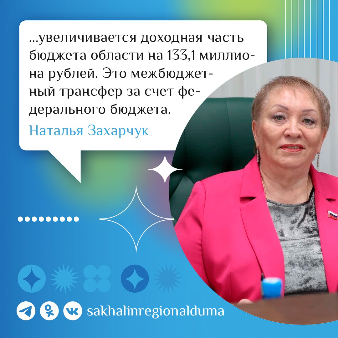 Наталья Захарчук, председатель постоянного комитета по бюджету и налогам: – Сегодня очередные поправки текущего года. Увеличивается доходная часть бюджета Сахалинской области на 133,1 миллиона рублей. Это межбюджетный трансфер за счет федерального бюджета. Общие доходы составят 188,8 миллиарда рублей. ... Бюджет мы формируем по программам. И у нас идет увеличение финансирования по ряду программ. За счет федеральных поступлений и за счет перераспределения средств внутри программ: где недостаточно идет освоение, средства перенаправляются на те программы, где сегодня нужно с подрядчиками рассчитаться и завершить работы. В соответствии с заключением контрольно-счетной палаты параметры областного бюджета отвечают всем принципам бюджетной системы Российской Федерации. Коллеги, депутаты, единогласно поддержали предлагаемые изменения, и в двух чтениях закон был принят.