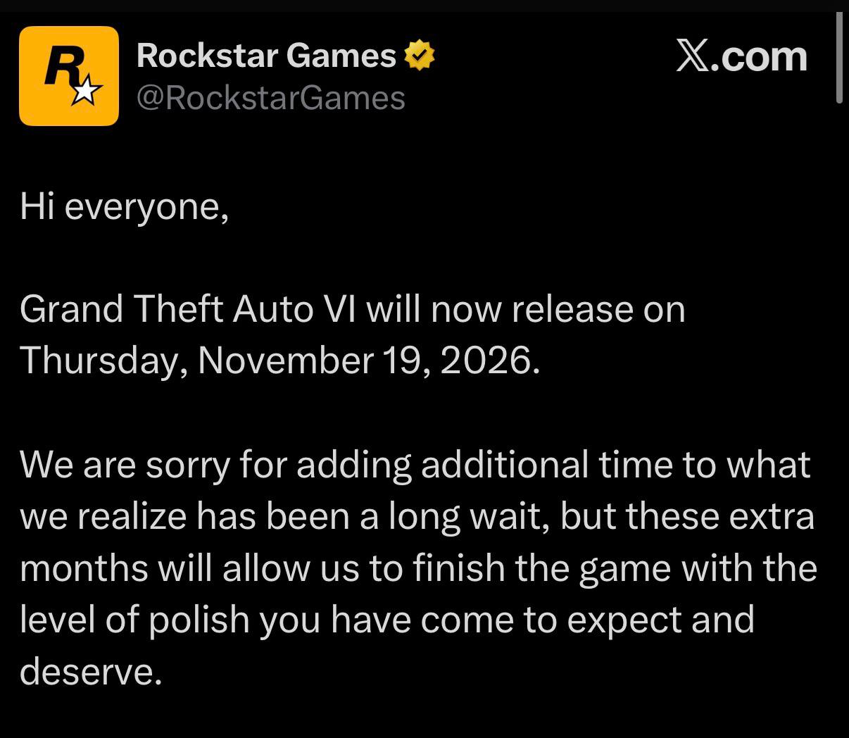 Релиз GTA 6 перенесли на 19 ноября 2026 года Помянем 1337