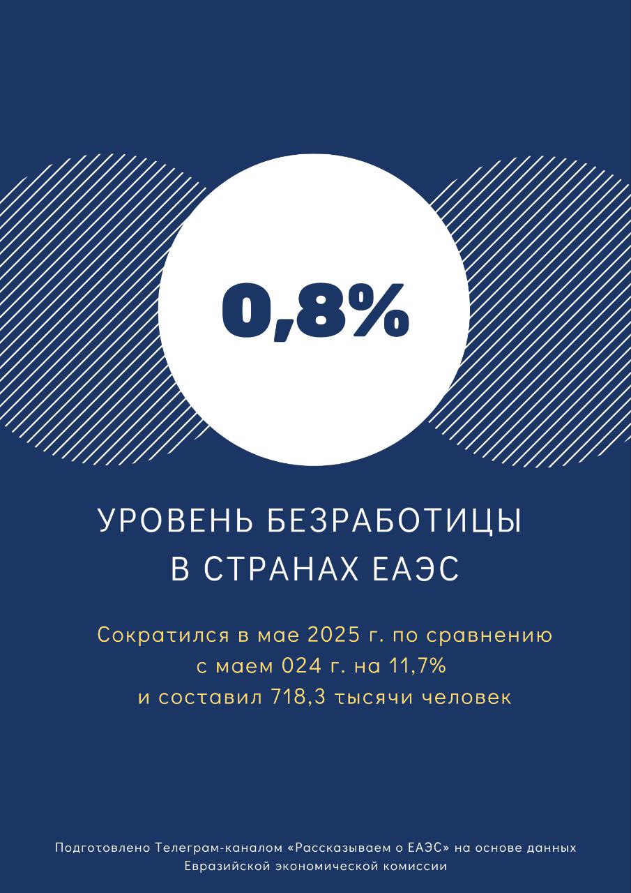 Численность безработных, зарегистрированных в службах занятости стран ЕАЭС, по состоянию на конец мая 2025 г. составила 718,3 тыс. человек. Этот показатель свидетельствует о сокращении уровня безработицы в государствах Союза на 11,7% по сравнению с аналогичным периодом 2024 г. . #ЕАЭС #статистика