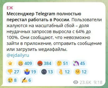 За полчаса новость о том что мессенджер Telegram полностью перестал работать в России в мессенджере Telegram прочитало 23 6 тысяч человек Но на всякий случай напоминаем что нас еще можно читать здесь