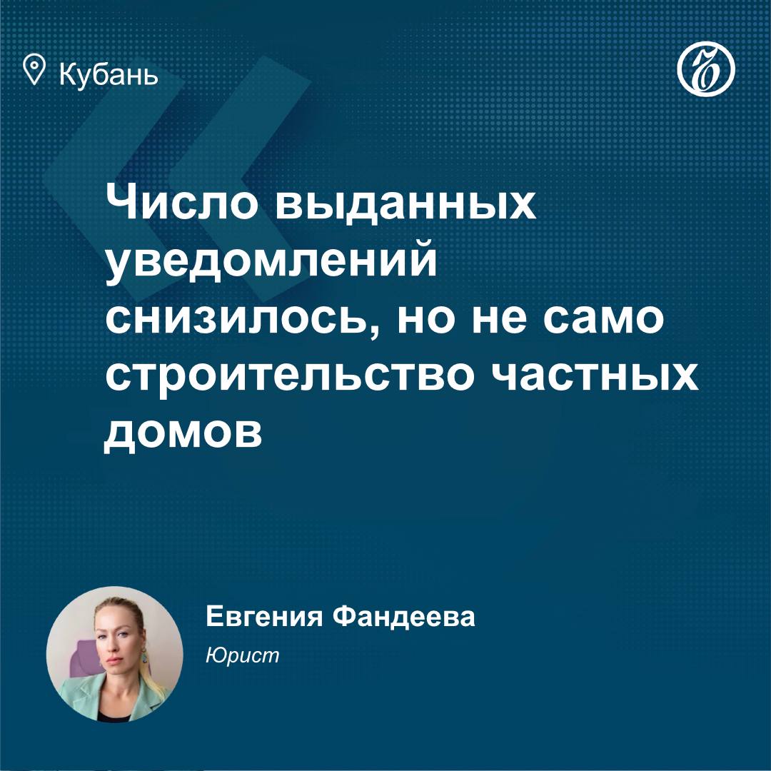 Коммерсантъ Кубань Черноморье В первой половине 2025 года власти Краснодара выдали 905 уведомлений о соответствии строительства или реконструкции частных домов требованиям градостроительного законодательства что на 52 меньше чем в прошлом году В Геленджике количество таких уведомлений уменьшилось почти вдвое а в Анапе на 38 Председатель Темрюкского отделения Ассоциации юристов России Евгения Фандеева рассказала Ъ Кубань о причинах снижения числа уведомлений и о том что делать при отказе Подписывайтесь на Ъ Кубань Черноморье