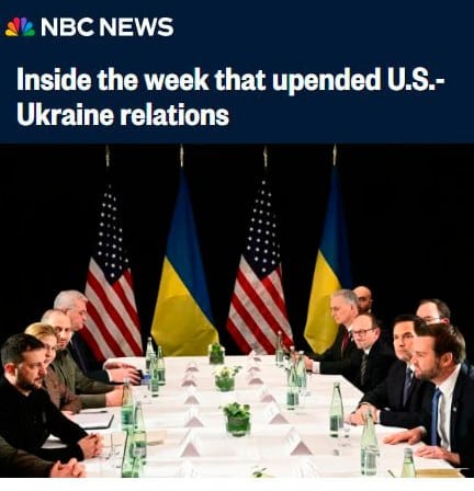 ‼ Внутри недели, которая перевернула отношения между США и Украиной — NBC News   Издание утверждает, что напряженность между администрацией Трампа и украинским правительством нарастала за кулисами в течение последней недели.  Публичные истерики Украины касательно продуктивного диалога США и России, несдержанность украинских политиков и самого президента "Нэзалежной" в адрес администрации Трампа, и конечно же сорванная сделка по редкоземельным металлам очень разозлили американского президента, изменив его отношение к Украине с лояльного на более негативное.   Не последнюю роль сыграл успешный старт в восстановлении досанкционных отношений между США и Россией, в рамках которого страны обоюдно стараются найти общий язык между собой, проводя разговоры, обмены и совместные встречи.