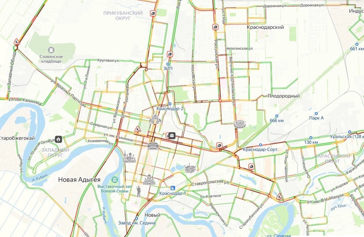 Краснодар встал в пробках перед 8 марта  Вечером перед праздником улицы краевой столицы встали в девятибалльных пробках. Самая напряженная ситуация наблюдается в центре Краснодара. Согласно данным «Яндекс Карт», пробки наблюдаются на улицах Северной, Тургенева, Красной, Гоголя, Рашпилевской.  Заторы также зафиксированы минимум на десяти улицах.  Фото: «Яндекс Карты»  УТРЕННИЙ ЮГ   подпишись