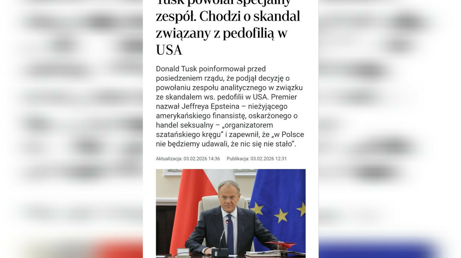 Польша создала правительственную комиссию по делу Эпштейна Польша стала первой страной где появилась правительственная комиссия по расследованию связей с окружением миллиардера Джеффри Эпштейна передает ArbatMedia Премьер министр Дональд Туск подписал соответствующее распоряжение после того как в Соединенных Штатах опубликовали новые материалы касающиеся скандального финансиста Созданная структура займется анализом данных о потенциальных связях польских граждан с людьми из круга Эпштейна Речь идет об упоминаниях в судебных документах США и публикациях американских изданий Особое внимание планируется уделить сфере модельного бизнеса Согласно материалам министерства юстиции США агентства в странах Восточной Европы включая Польшу могли использоваться для вербовки молодых девушек с целью их последующей отправки за рубеж Однако в обнародованных на данный момент документах не фигурируют фамилии конкретных польских чиновников или представителей бизнес сообщества Прислать новость