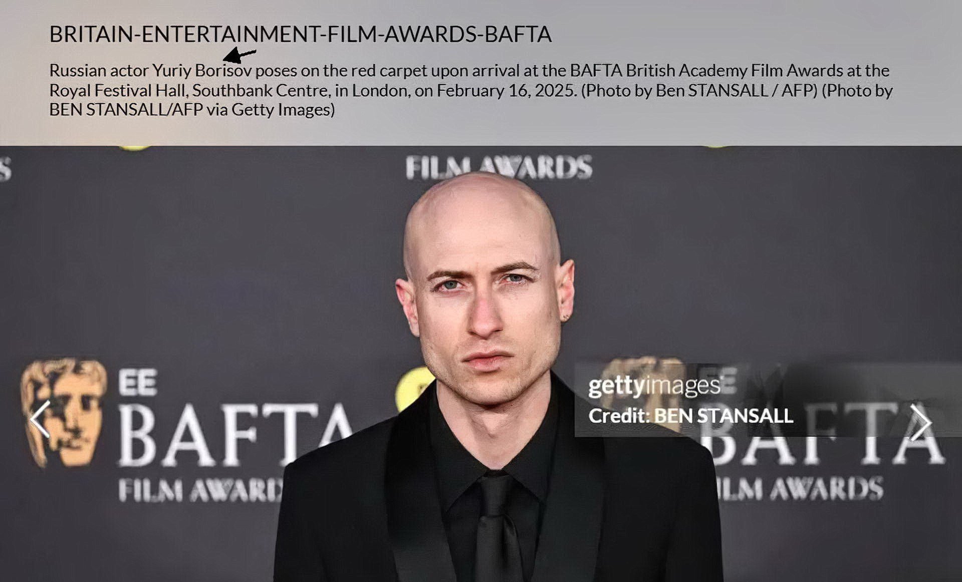 На премии BAFTA журналисты перепутали Юру Борисова и композитора «Бруталиста» Дэниэла Блумберга, потому что они оба лысые.  В фотобанке Getty Images фотограф Бен Станселл в описании под изображением с Блумбергом указал, что перед камерами позирует Борисов.    Фильмы на вечер