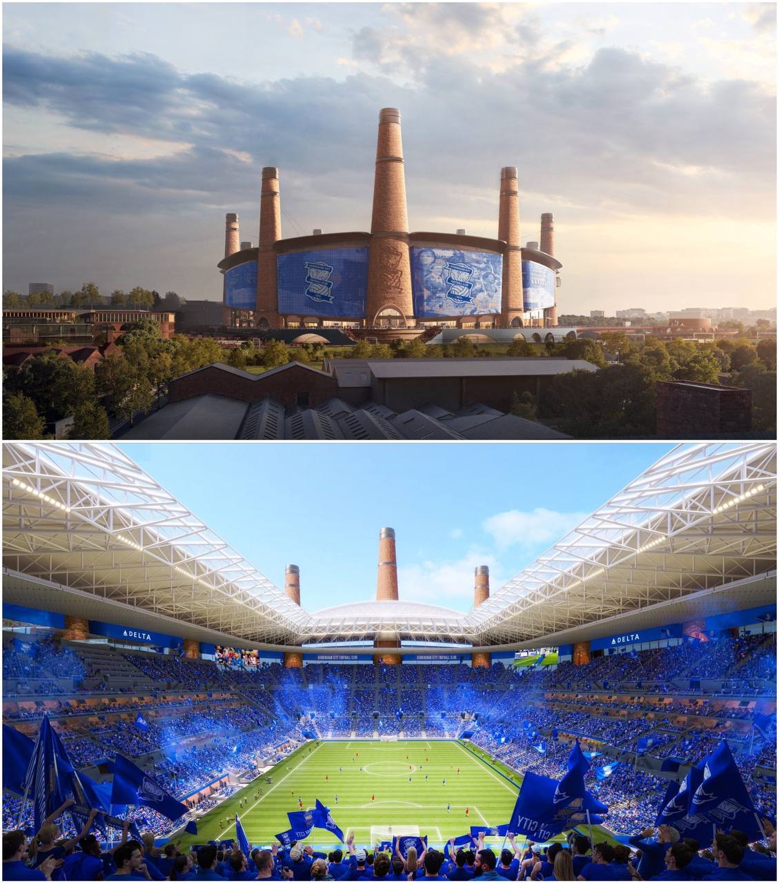 Бирмингем построит стадион с трубами для дымохода новая арена клуба будет окружена 12 башнями чем то напоминающими кирпичный завод отсылка к индустриальному прошлому города Планируется что эти башни будет видно за несколько десятков километров Сам стадион вместит более 60 тысяч зрителей он станет 2 м по вместимости в Англии а назовут его Powerhouse Арена будет спроектирована с крутыми и высокими трибунами для более интенсивной атмосферы вдохновение создатели проекта черпали у домашней арены дортмундской Боруссии Также планируется постройка выдвижной крыши На весь проект и территорию планируют потратить 3 млрд Открыть стадион хотят в 2030 году докладывают Бен Джейкобс The Guardian