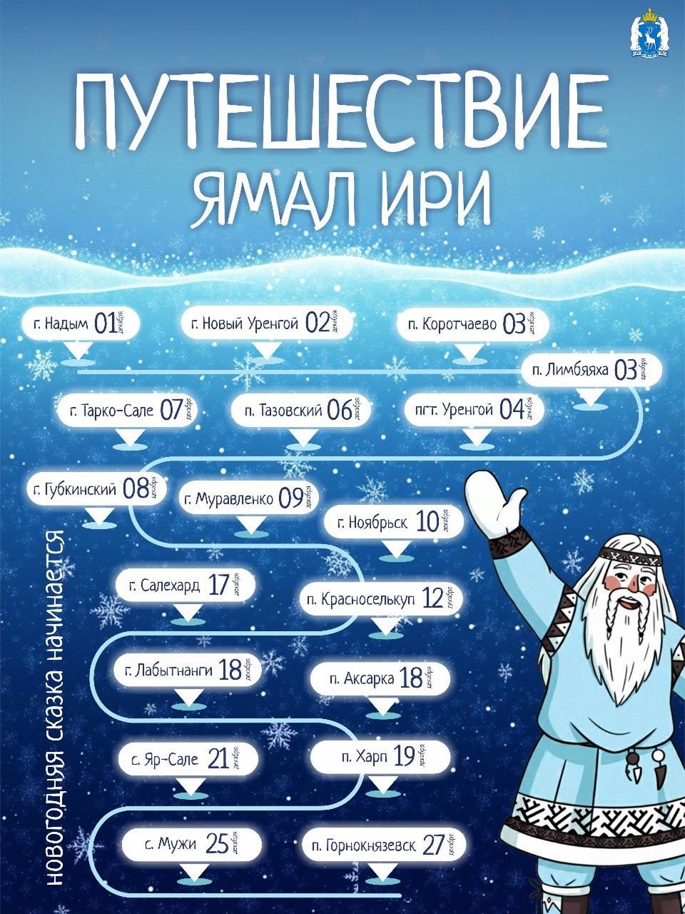 Ямал Ири отправляется в предновогодний вояж В этом году маршрут ямальского Деда Мороза начнется в Надыме Волшебник проедет 1500 километров и поздравит детей в 13 населенных пунктах А автотранспортном арсенале Ямал Ири расписной автобус ТРЭКОЛ и даже вертолет Подробности путешествия можно смотреть здесь Тундра Сюндра Подписаться