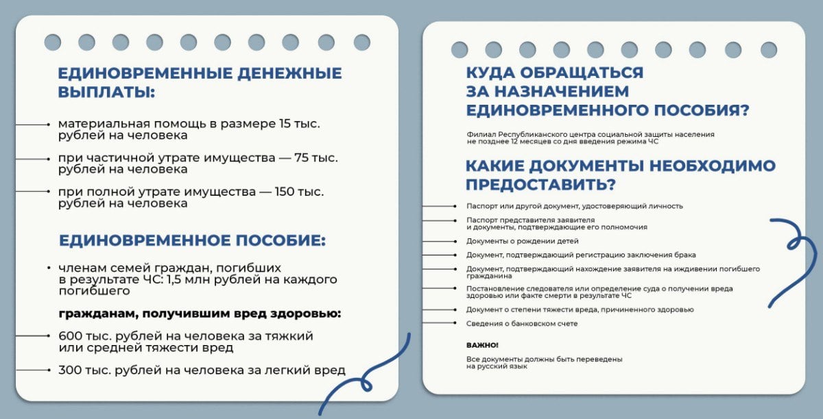 Пострадавшим от стихийных пожаров в ЛНР выплатят компенсации.  Подать заявление можно будет уже с понедельника, 16 декабря, в Республиканский центр соцзащиты по месту жительства.   Крайний срок — через полгода после введения режима ЧС.  Подробнее здесь.  Прислать новость     Подписаться