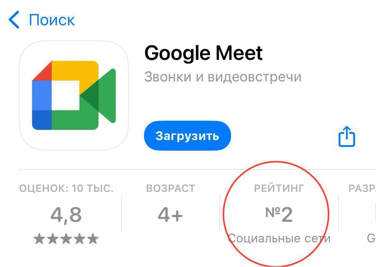 Обстановка буквально через час после блокировки звонков в мессенджерах: Google Meet взлетело в топ-2 в AppStore.