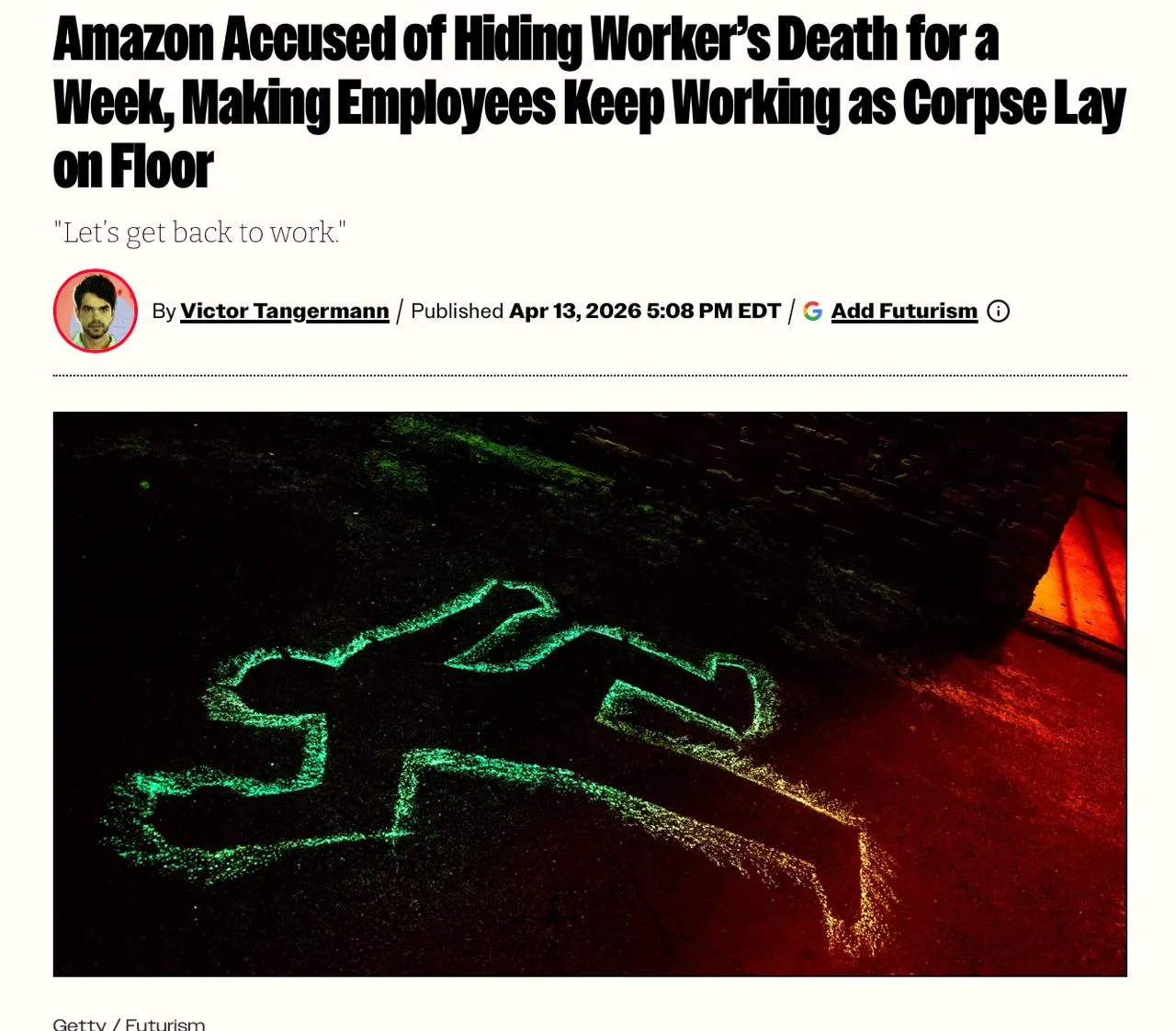 Треш на складе Amazon сотрудник упал ЗАМЕРТВО на рабочем месте в это время остальных заставили продолжать работать рядом с трупом У 46 летнего мужчины случился сердечный приступ он упал и лежал на протяжении часа на полу Вокруг него продолжалась работа сотрудникам запретили обращать на мужчину внимание Один из менеджеров сказал возмутившемуся сотруднику Просто отвернись и не смотри Давайте вернёмся к работе Только через час парамедики прибыли на объект ту часть склада где умер человек закрыли Теперь на Reddit отменяют Amazon а сотрудники задумались о своей безопасности Если с ними что то произойдёт на работе никто не придёт на помощь все просто продолжат работать Вспоминайте эту историю когда соберётесь упахаться на своей работе
