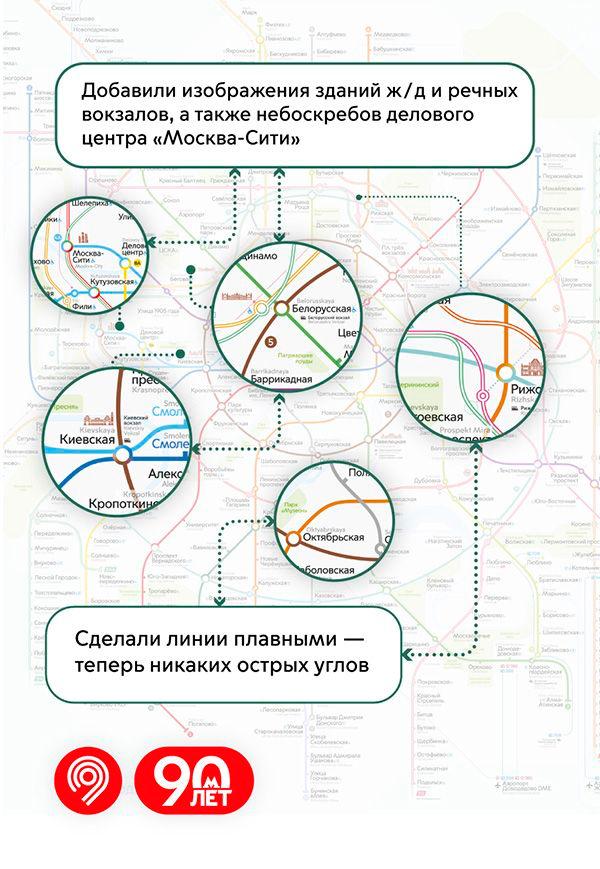 Дизайн схемы метро обновили к открытию участка Троицкой линии. Ее уже размещают на станциях. На изображение добавили популярные зеленые зоны, например природный заказник «Воробьевы горы», ландшафтный заказник «Теплый Стан», парк «Сокольники» и другие подобные места, расположенные рядом со станциями метро. Кроме того, появились метки железнодорожных вокзалов и туристических достопримечательностей.