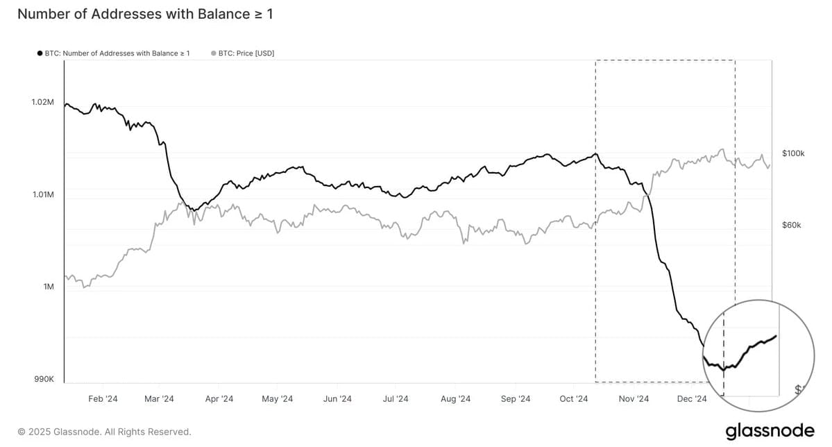 кол-во кошельков с балансом > 1 BTC снова начало расти — данные Glassnode